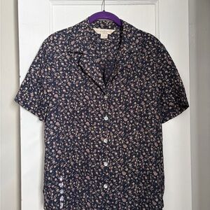 Vintage Casual Corner Navy Floral Button Down Shirt 100% Silk